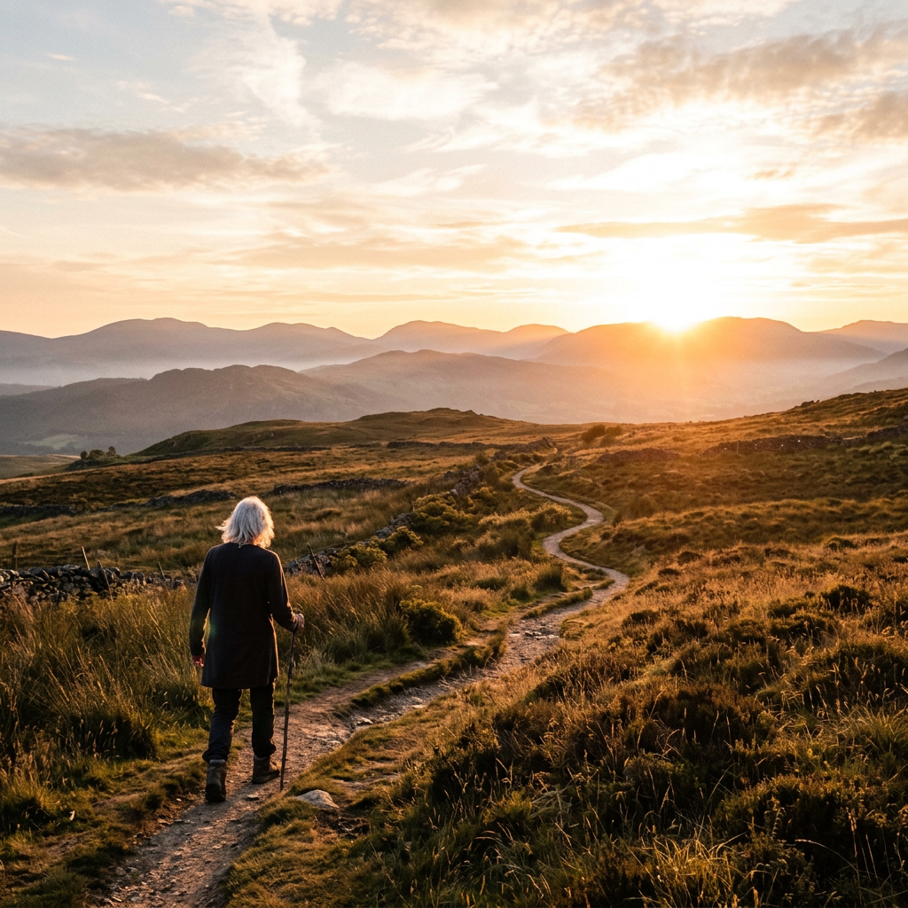 Person walking along a winding dirt path in grassy hills with mountains in the distance at sunset