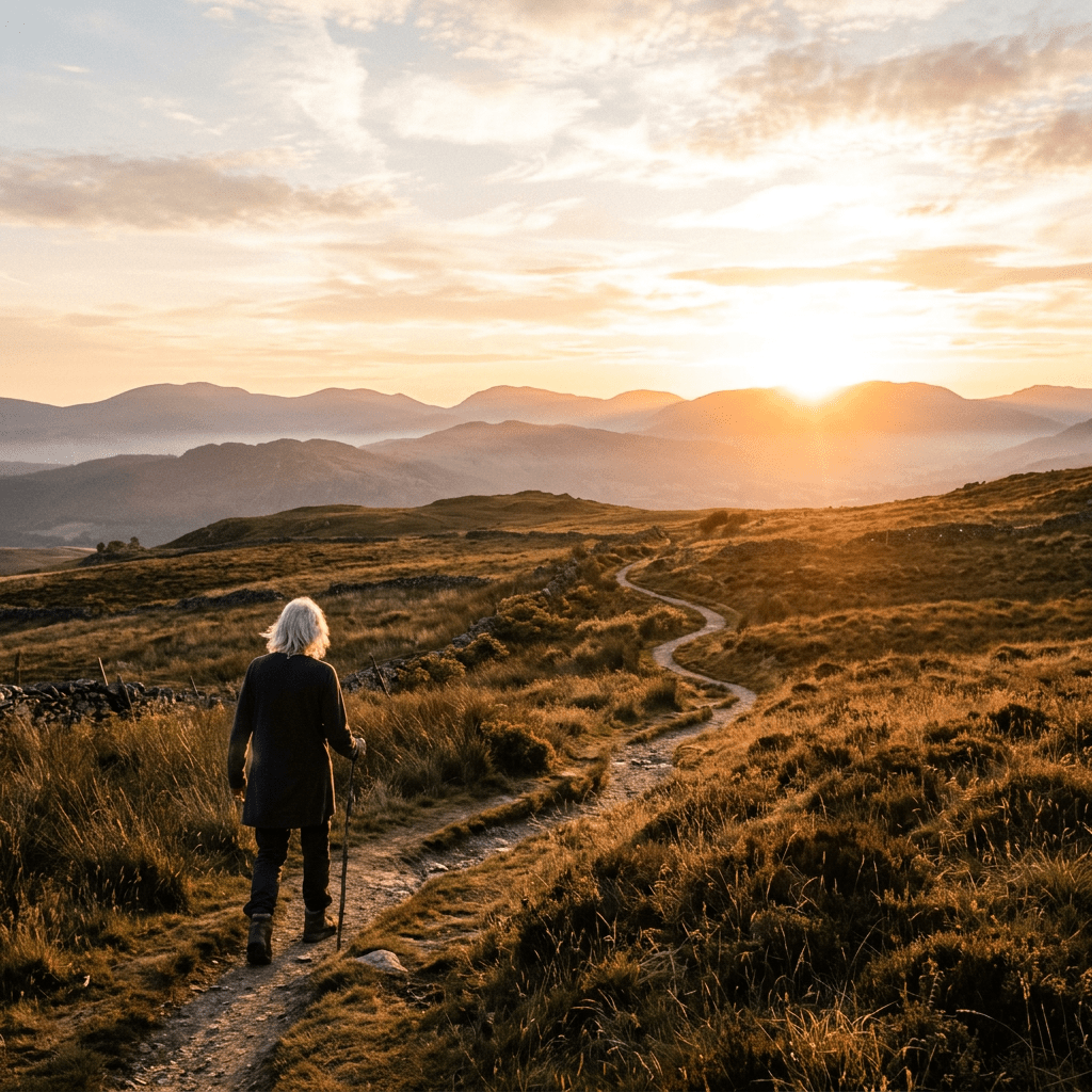 Person walking along a winding dirt path in grassy hills with mountains in the distance at sunset